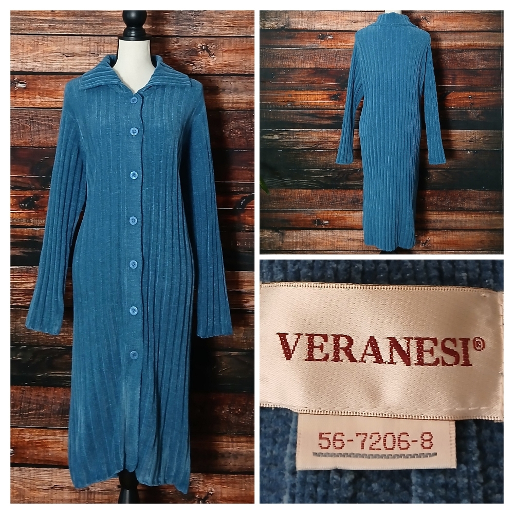 Veranesi Duster Cardigan Sweater L Blue Chenille Ribbed Button Front Vintage